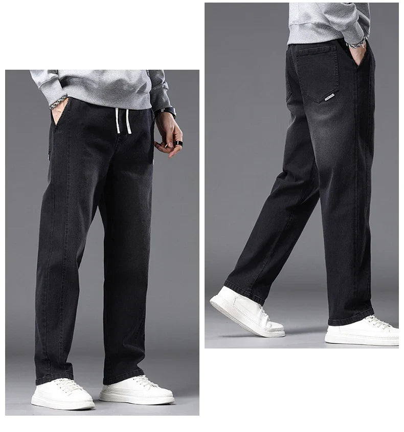 Autumn Winter Blue Jeans Men Drawstring Elastic Waist Cotton Cargo Denim Pants Work Fashion Thick Trousers Male Plus Size M-4XL
