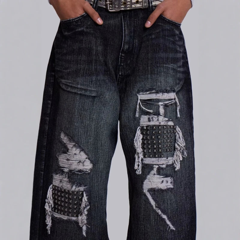 Mens Jeans Gothic Distressed Washed Denim Pant Harajuku Unisex Loose Fit Straight Leg Y2K Vintage High Street Streetwear Fashion