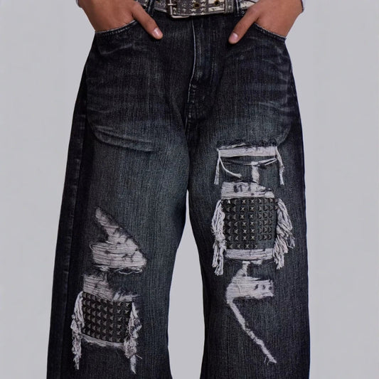 Mens Jeans Gothic Distressed Washed Denim Pant Harajuku Unisex Loose Fit Straight Leg Y2K Vintage High Street Streetwear Fashion