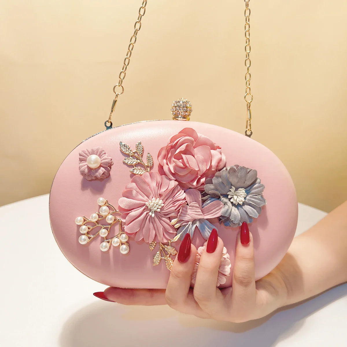 Flower Evening Bags Pink Color Women Small Clutch Purse With Chain Shoulder Flap Design Diamonds Beading Box