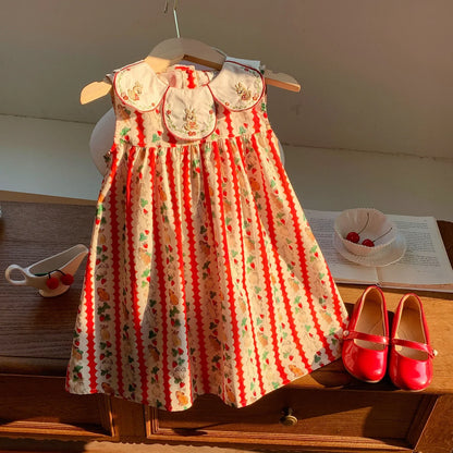 Flower Collar Rabbit Embroidered Girls' Dress 2025 Summer Style Cartoon Print Sweet and Cute Baby Sleeveless Dress