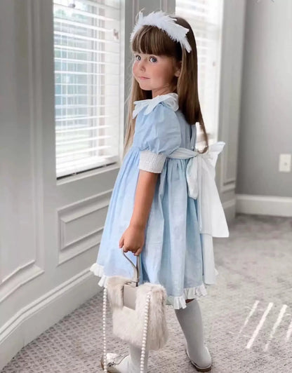 Baby Girl Princess Cotton Bow Pearl Dress Infant Toddler Child Ruffled Spanish Blue Vestido Birthday Party Baby Clothes 18M-7Y