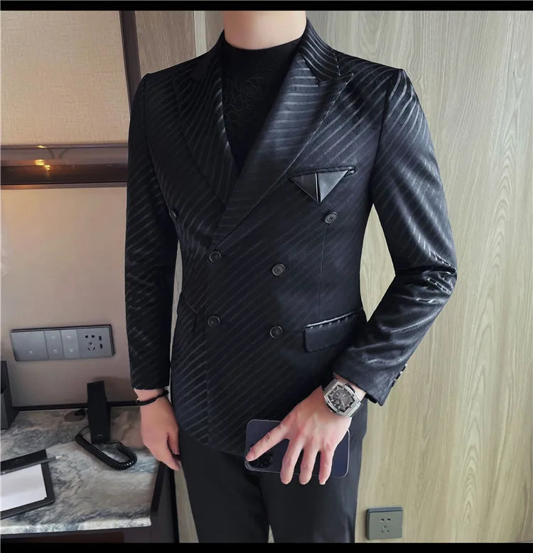 British Style Luxury Men Double Breasted Twill Suit Jacket High Quality Fashion Business Slim Fit Groom Social Party Suit Dress