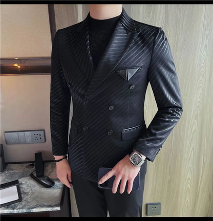 British Style Luxury Men Double Breasted Twill Suit Jacket High Quality Fashion Business Slim Fit Groom Social Party Suit Dress