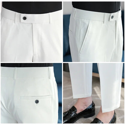 2025 Summer Thin White Elastic Nine Cent Suit Pants for Men,gray Blue Four-side Elastic Comfortable Drape Men's Casual Trousers