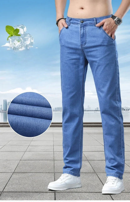 Men's Ice Silk Jeans Summer New Lyocell Thin Business Casual Denim Pants Classic All Match Slim Fit Straight Elastic Jean Male
