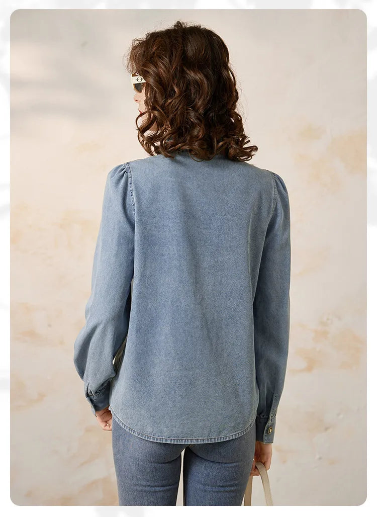 2025 Spring Autumn Palace Style Ruffled Denim Blouse Small Stand Collar Oblique Placket Long Sleeve Shirt for Women