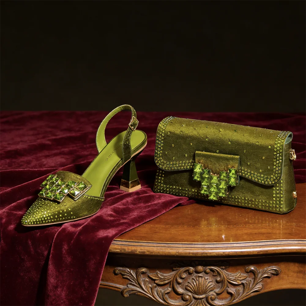 Elegant Green Rhinestone Slingback Heels & Matching Handbag Set by Venus Chan 2026 – Stylish Pointed Toe Design for Women