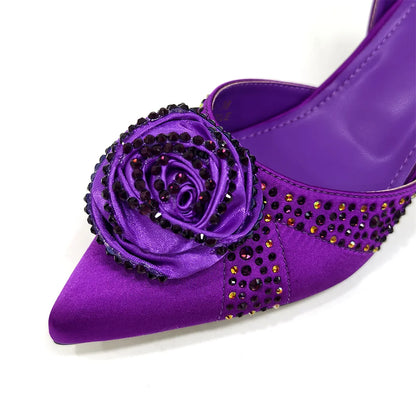 Elegant Rhinestone-Embellished Brown Heeled Shoes and Handbag Set for Women with Floral Decoration – Perfect Small Size Fashion