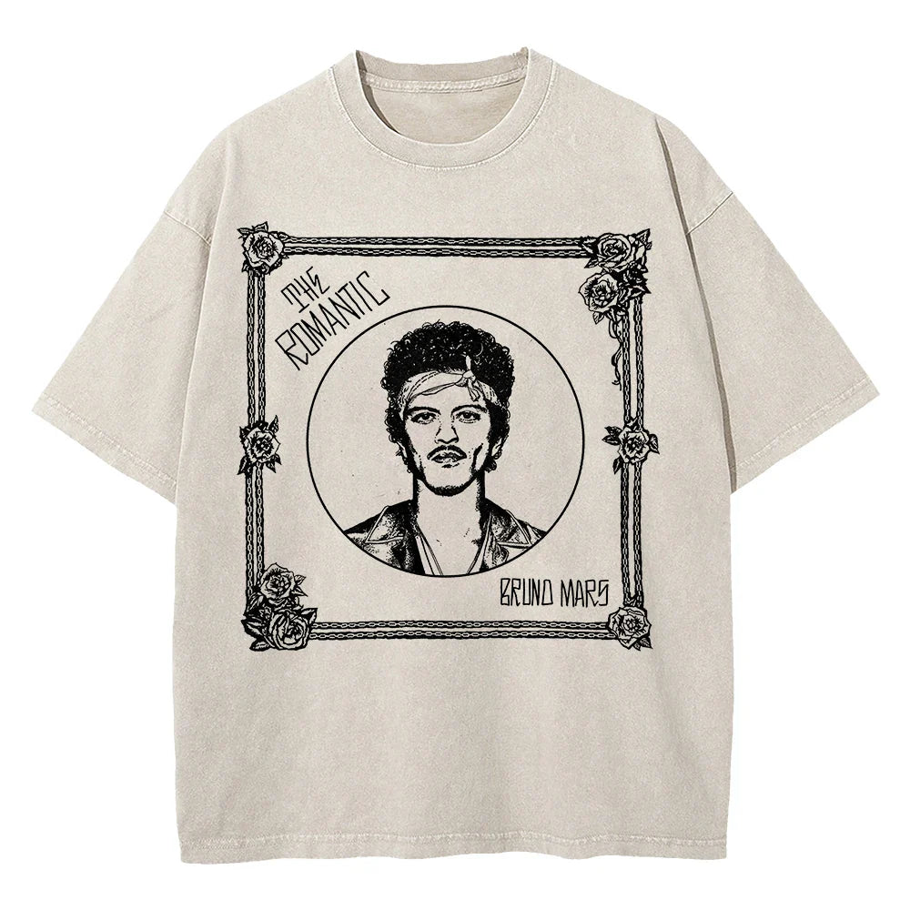 100% Cotton Vintage Washed Bruno Mars The Romantic Tour 2026 T Shirt Fashion Men/Women Retro Oversized Loose Acid Wash Tee Shirt