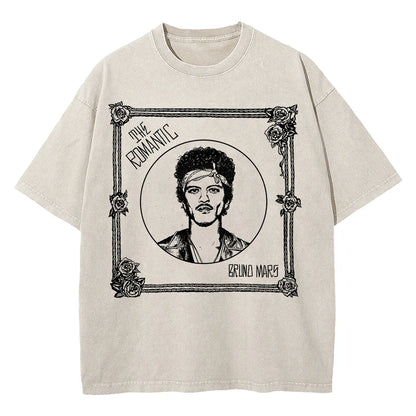 100% Cotton Vintage Washed Bruno Mars The Romantic Tour 2026 T Shirt Fashion Men/Women Retro Oversized Loose Acid Wash Tee Shirt