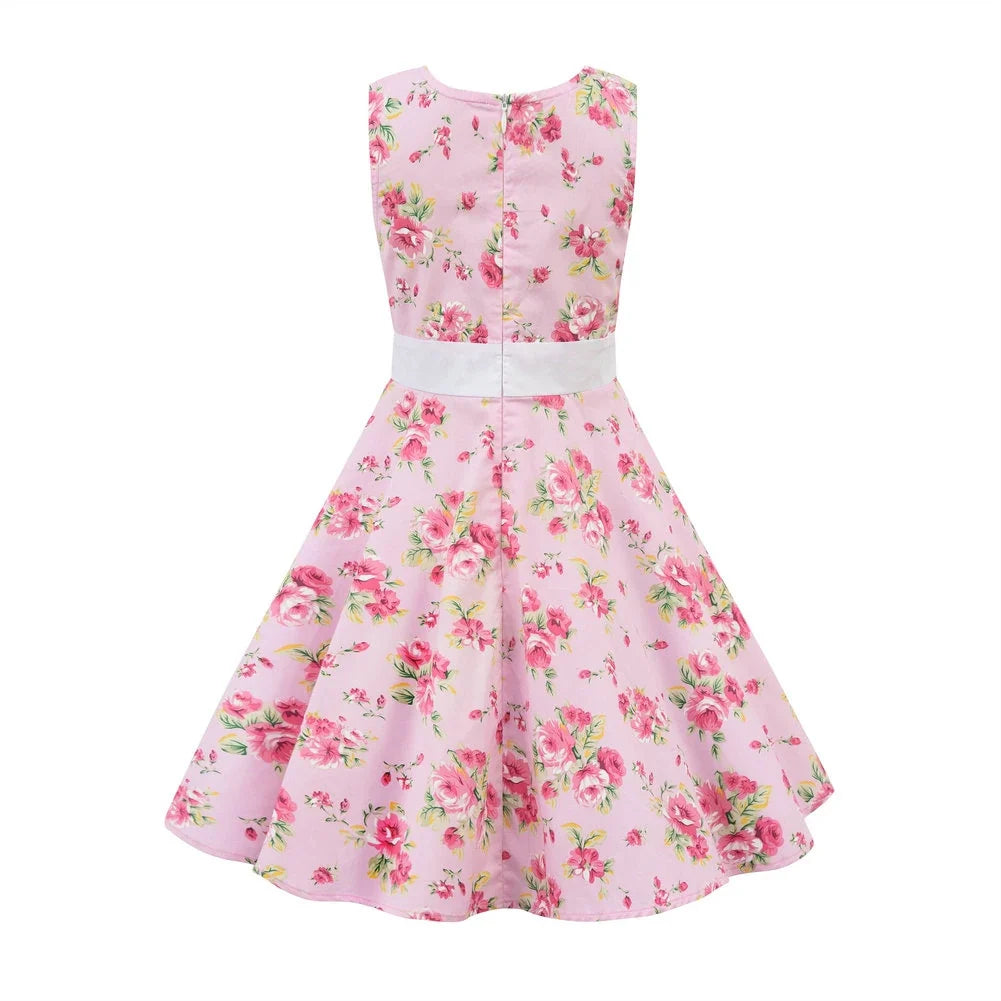 LPATTERN Girls' Vintage Rockabilly Dress Party Retro Polka Dot Floral Pattern A-line Dresses Pleated Skirt Knee-Length for 4-10Y