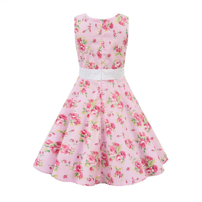 LPATTERN Girls' Vintage Rockabilly Dress Party Retro Polka Dot Floral Pattern A-line Dresses Pleated Skirt Knee-Length for 4-10Y
