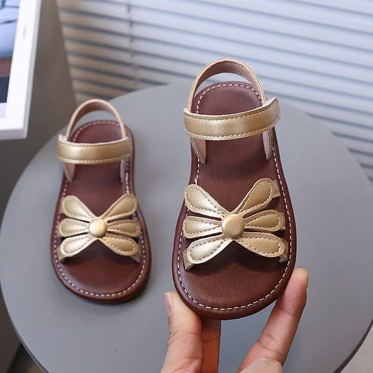Girls Sandals Hook&loop Kids Beach Shoes Soild Color Versatile 2025 Summer Girls Princess Shoes Retro Sweet Flowers Korean Style