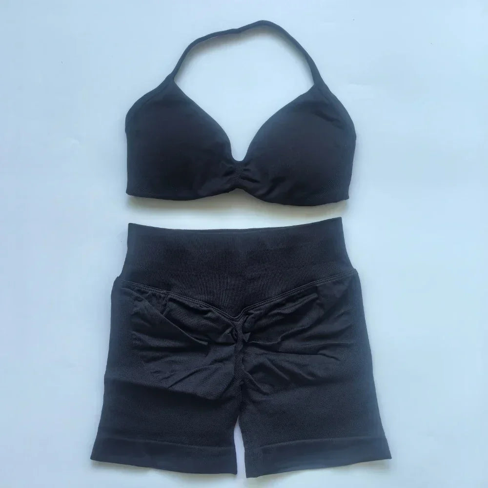 NO LOGO 2PCS Gym Set Women Strappy Yoga Bra Top High Waist Workout Scrunch Shorts Sports Suit Seamless Yoga Set Fitness Clothes