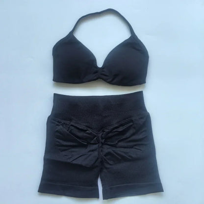 NO LOGO 2PCS Gym Set Women Strappy Yoga Bra Top High Waist Workout Scrunch Shorts Sports Suit Seamless Yoga Set Fitness Clothes