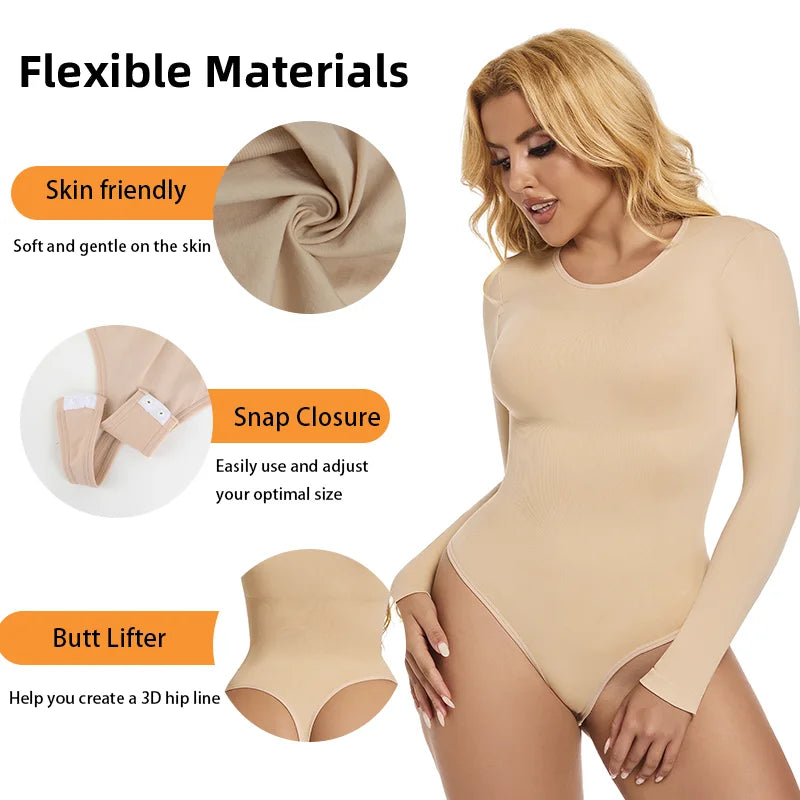 Women Full Body Shaper Long Sleeve Round Neck Shapewear Slimming Breathable Bodysuit Tummy Control Waist Trainer Corset