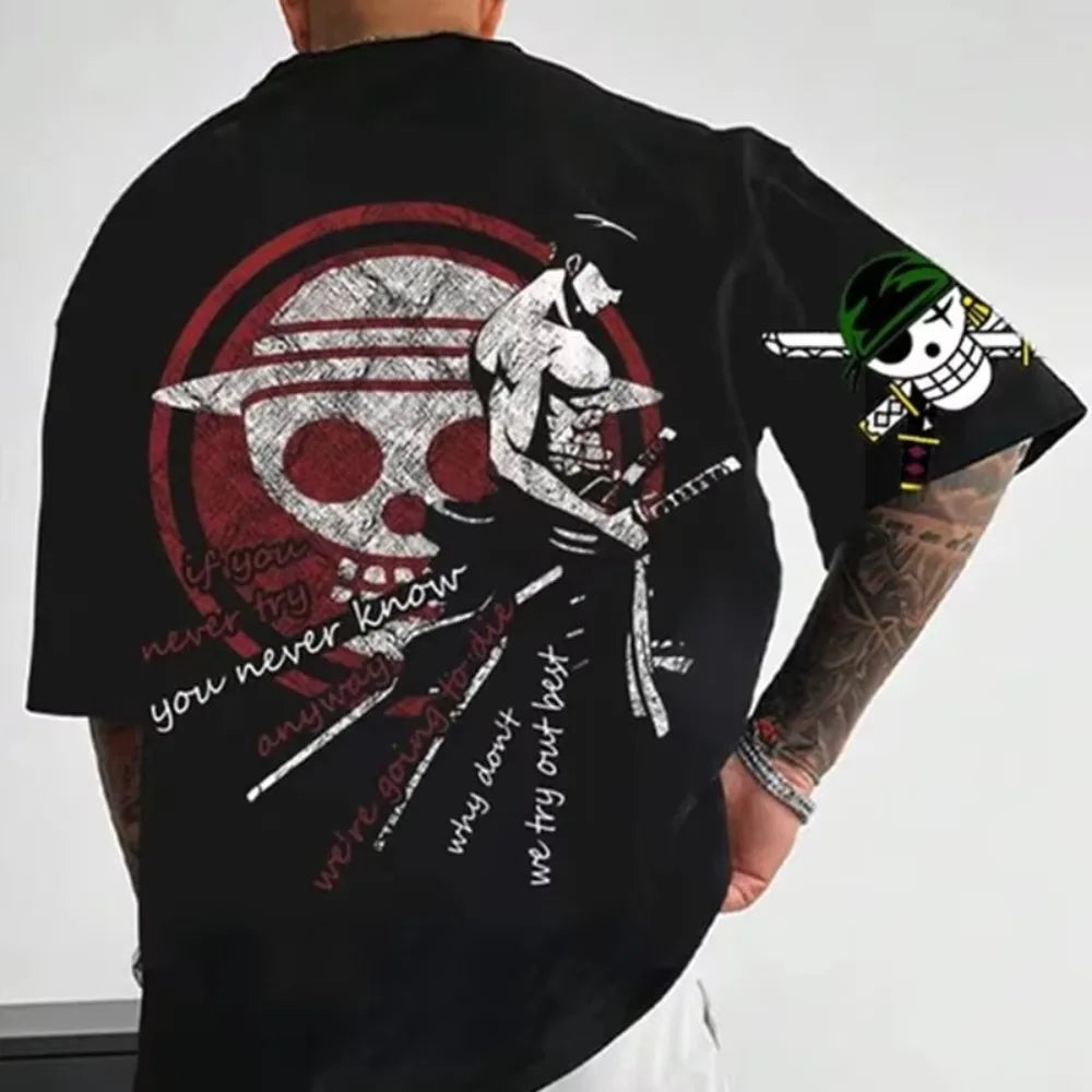 One Piece Summer Men's T-shirt Anime Roronoa Zoro Autumn Boys' Children's Short-sleeved Punk Loose Trendy Parent-child Outfit