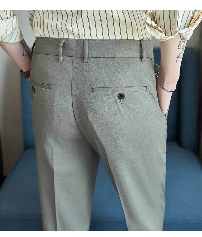 British Style Elastic Waist Men's Casual Slim Fit Trousers Summer High Quality Business Office Dress Wedding Party Suit Pants