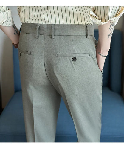 British Style Elastic Waist Men's Casual Slim Fit Trousers Summer High Quality Business Office Dress Wedding Party Suit Pants