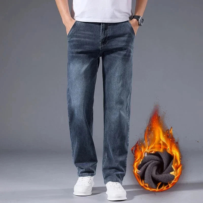 Winter Fleece Men Jeans Thick Stretch Business Casual Trousers Classic Loose Straight Warm Velvet Denim Pants Office Daily Wear