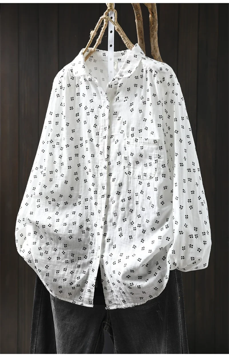 Sweet Snow Dots Print Shirt, Double Layers, Cotton Yarn, Peter Pan Collar, Long Sleeve, Casual Blouse Shirt