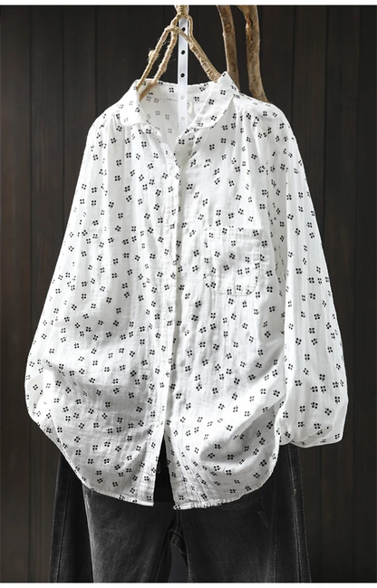 Sweet Snow Dots Print Shirt, Double Layers, Cotton Yarn, Peter Pan Collar, Long Sleeve, Casual Blouse Shirt