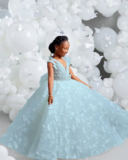 White Flower Girl Dresses for Wedding Butterfly Appliques Pearl Floor Length Girl Kids Birthday Party First Holy Communion Gown