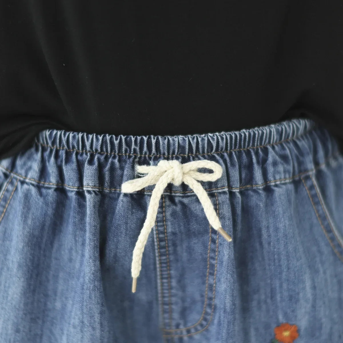 Embroider Shorts Jean For Women Summer Japanese Style Ethnic Elastic Waist Blue Flowers Embroidery Denim Shorts y2k