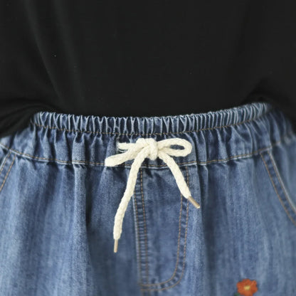 Embroider Shorts Jean For Women Summer Japanese Style Ethnic Elastic Waist Blue Flowers Embroidery Denim Shorts y2k