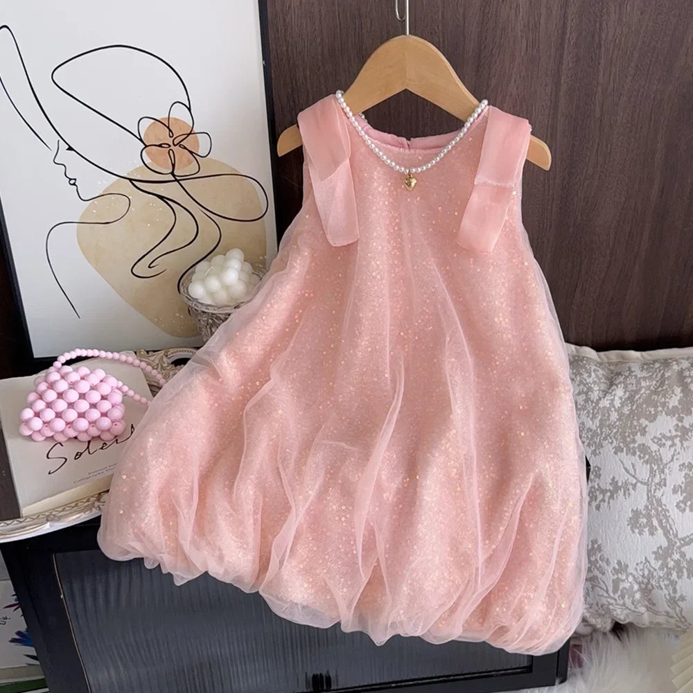 Summer New Girls' Sequined Lace Bow Bubble Princess Dress Korean Version Fashionable Solid Color Kids Clothes 2-7 Years Old