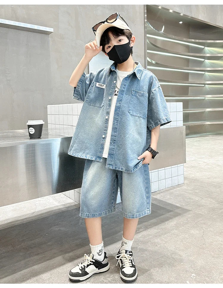 High Fashion Kids Summer Suit for Boy with Denim Shorts Two Pieces Tracksuit Children Casual Top and Bottom Clothing Set 5-14 Y