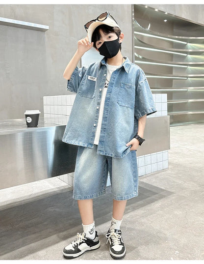 High Fashion Kids Summer Suit for Boy with Denim Shorts Two Pieces Tracksuit Children Casual Top and Bottom Clothing Set 5-14 Y