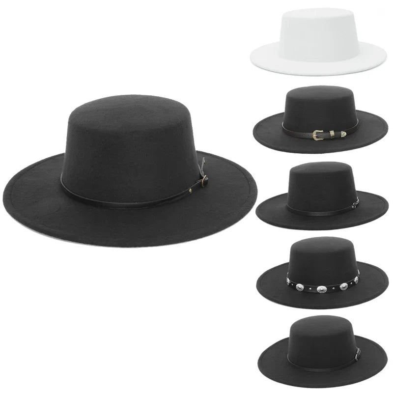 Elegant Wide Brim Fedora Hat for Women Men Flat Top Boater Hat Belt Buckle Fedoras Church Panama Hats