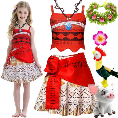New Dress Girls Princess Clothes Kids Dress Up Vaiana Necklace Pig Chick Children Carnival Party Summer Costume Set 2-10T