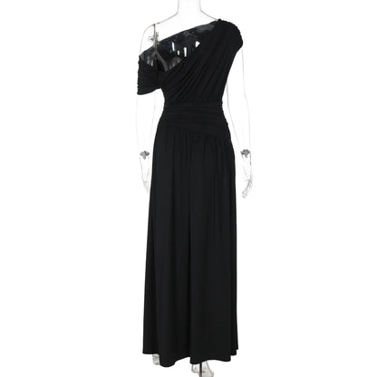 One Shoulder Ruched Sleeveless Solid Pleated Sexy Irregular Y2K Maxi Dress Summer Elegant Party Women Clothes Vacation