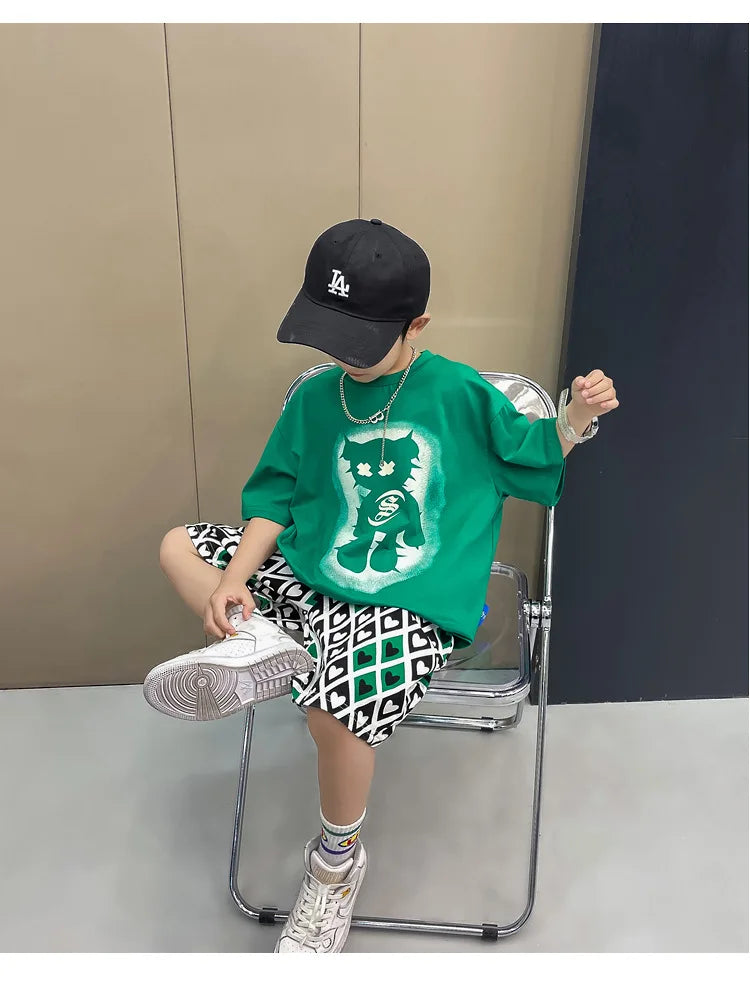 Summer Boys Cotton Short-Sleeved T-shirt Tops+Drawstring Shorts Pant School Kids 2PCS Tracksuit Child Outfit Workout Set 3-14 Yr