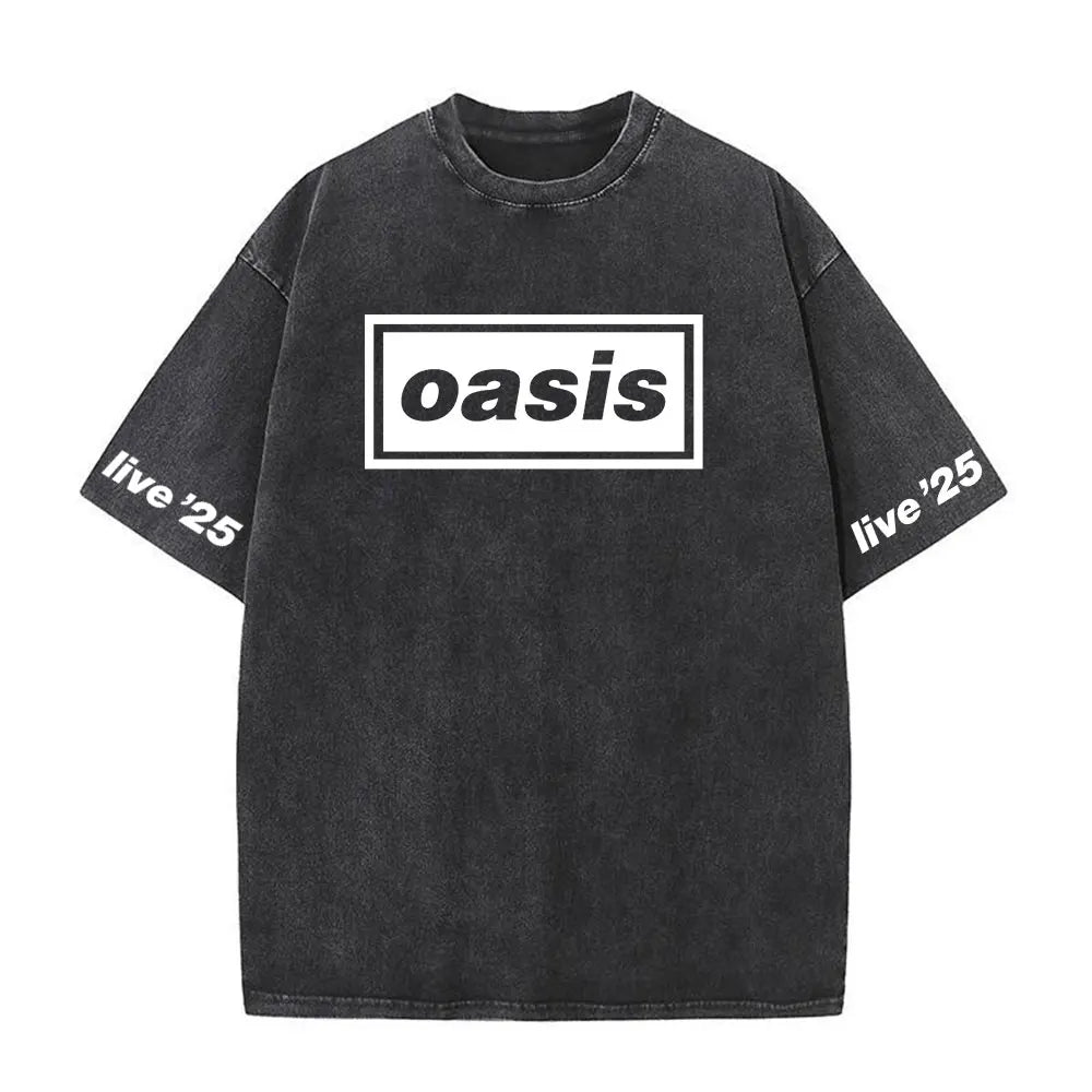 O-Oasis T-Shirts British Rock Band Vintage Washed T-shirt Men Women Clothing Cotton Casual Short Sleeve T Shirts Tops Streetwear