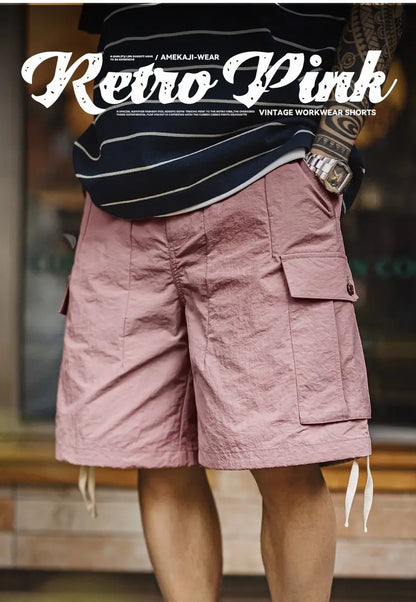 Outdoor Quick-Dry Pink Cargo Shorts Men's Summer Lightweight Woven Elastic Waist Shorts Loose Straight Bottoms for Sports