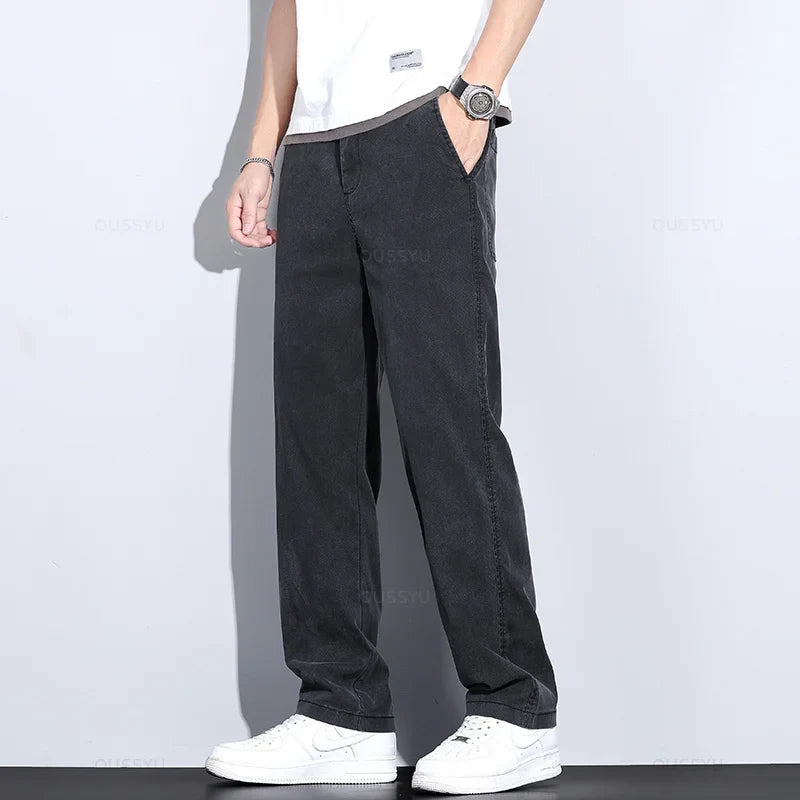 Brand Clothing Summer New Soft Lyocell Fabric Jeans Men Blue Elastic Waist Loose Straight Thin Denim Trousers Male Plus Size 5XL