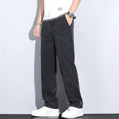 Brand Clothing Summer New Soft Lyocell Fabric Jeans Men Blue Elastic Waist Loose Straight Thin Denim Trousers Male Plus Size 5XL