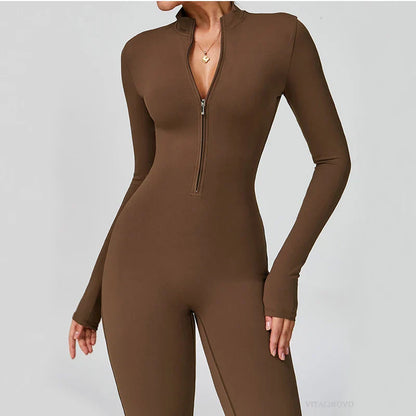 VITALINOVO Women Long Sleeve Flare Workout Jumpsuit Zip Up Romper Bottom Pants Wide Leg Full Length Bodysuit Bodycon One Piece