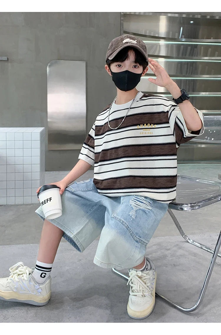Luxury Summer Suit for Boy Short Sleeve Striped T-shirt + Denim Shorts 2 Pieces Clothing Set Kids Children Cotton Top Bottom Set