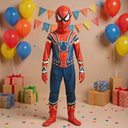 Kids Iron Spider Superhero Jumpsuit Halloween Mask Birthday Party Costume with Adjustable Mask and Breathable Fabric Mardi Gras