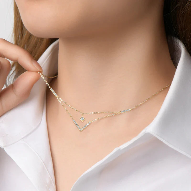 Sparkling 3mm&1.8mm Round Moissanite Necklace 925 Sterling Silver Fashion V-Shape Necklaces for Women Fine Jewelry Gift