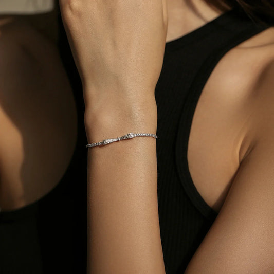 Bracelet Nœud Papillon Étincelant en Zirconium et Argent Sterling 925, Breloque Luxe, Chaîne Réglable, Bijoux de Mode Féminins