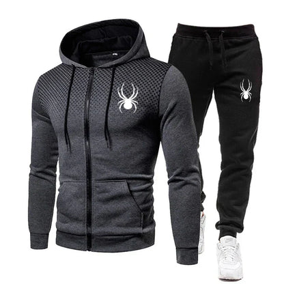 2025 Spring Winter spider print zipper long-sleeved hoodie + stretch waist pants two-piece men's sports jogging fitness suit