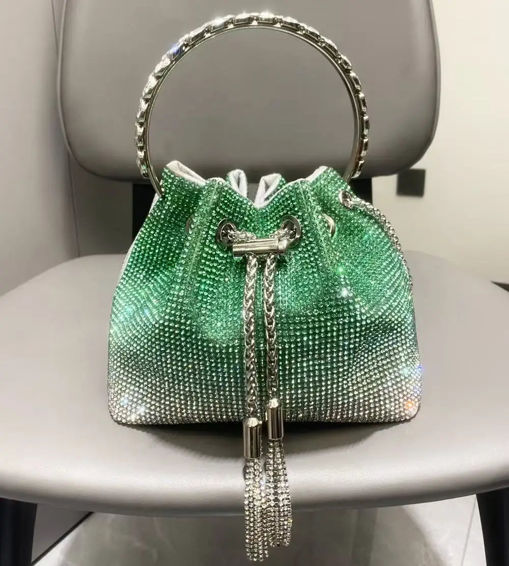 Rhinestones Diamond Evening Clutch Bag Luxury Designer Metal Ring Women's Handbag Wedding Party Bling Bucket Purse Shoulder Bag