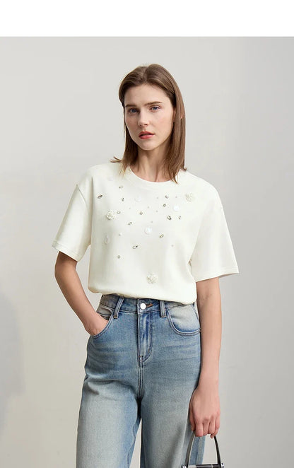 Short Sleeve Tee 2026 Spring New Crew Neck Three-dimensional Bead Flower Bead Diamond Knit T-Shirt Loose Women Top 12641038