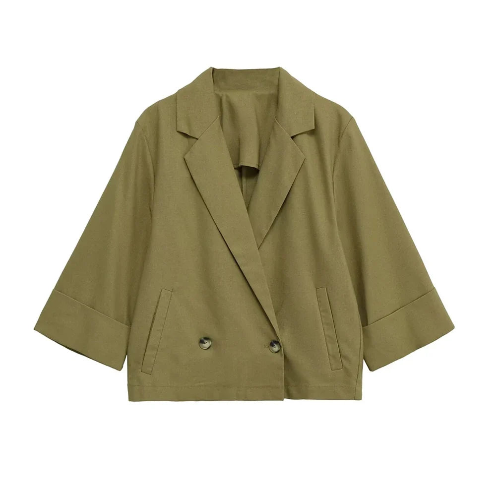 Women's Double-Breasted Loose Linen Blazer Coat Short Sleeve Pockets Chic Female Outerwear Top